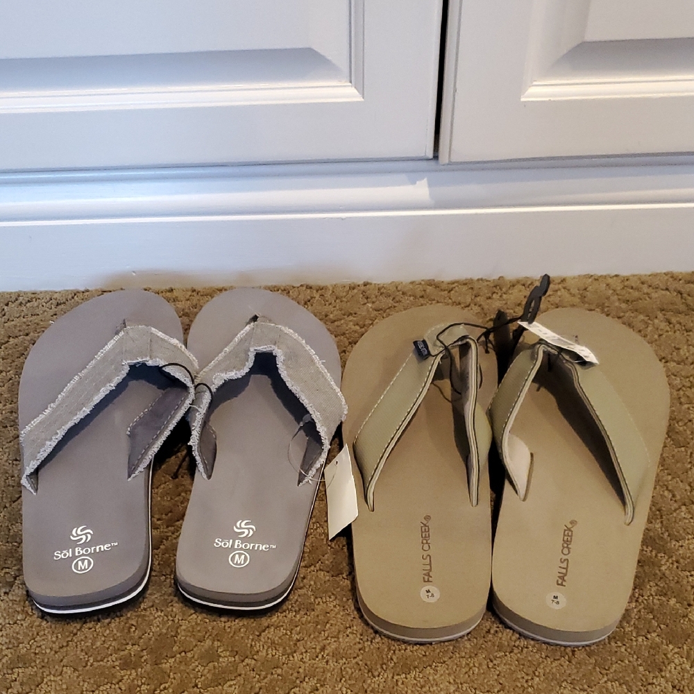 2 Pair Men's Sol Borne Frayed Gray & Falls Creek Tan Flip-Flops Size Med XXL NWT